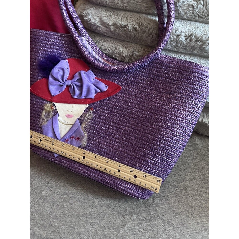 Vintage Y2K Red Hat Lady Straw Wicker Tote Bag Cottagecore Kitchy Handbag Purse - Picture 7 of 10